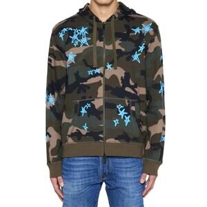 Valentino Army Green Black Tan Camo Print Bright Blue Stars Front Zip Hoodie S